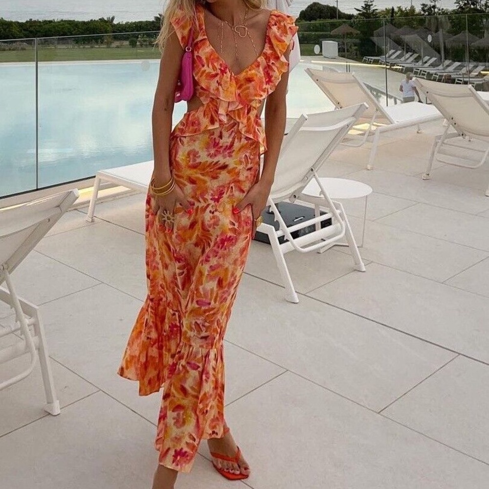 Floral Ruffle Maxi Dress - Orange and Pink